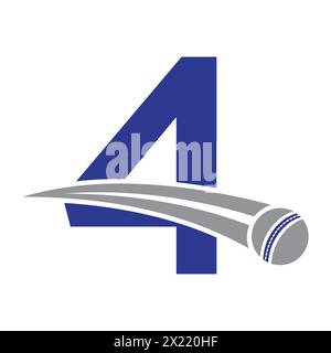 Cricket Logo On Letter 4 Concept With Moving Cricket Ball Symbol. Cricket Sign Stock Vector