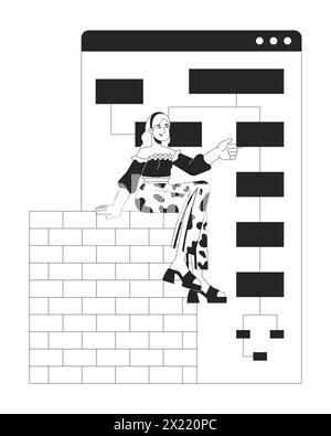 Woman developer building website wireframe black and white 2D line cartoon character Stock Vector