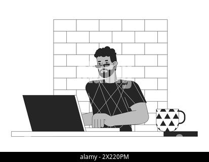 African american man working on laptop black and white 2D line cartoon character Stock Vector