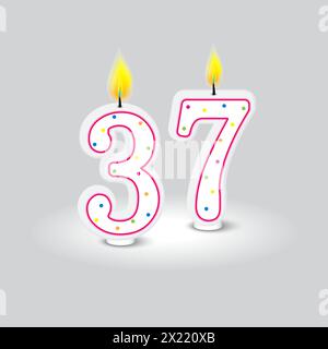 Number 37 birthday candles. Celebratory cake decoration. Anniversary numbers with flames. Vector illustration. EPS 10. Stock Vector