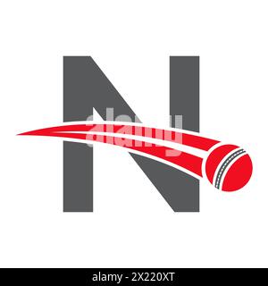 Cricket Logo On Letter N Concept With Moving Cricket Ball Symbol. Cricket Sign Stock Vector