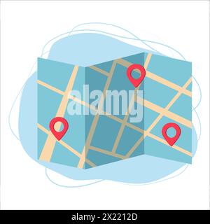 Colorful Folded maps with color point markers isolated on white background. Navigation, trip, travel concept. Vector illustration Stock Vector