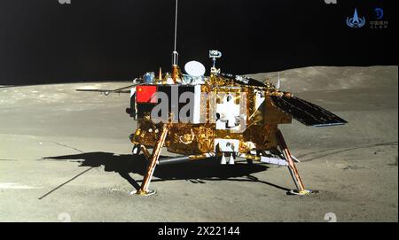 (240419) -- BEIJING, April 19, 2024 (Xinhua) -- This photo taken by the rover Yutu-2 (Jade Rabbit-2) on Jan. 11, 2019 shows the lander of the Chang'e-4 probe. (China National Space Administration/Handout via Xinhua) Stock Photo