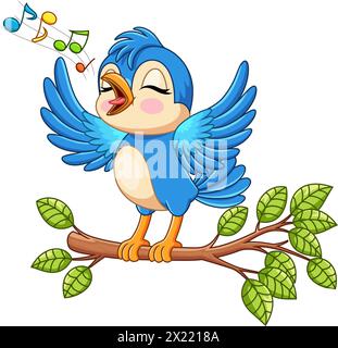 Cute bird singing on a tree branch on white background Stock Vector
