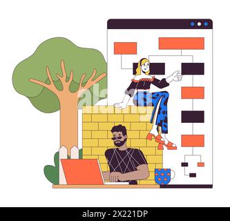 Multiracial team developing software 2D linear cartoon characters Stock Vector