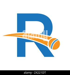 Cricket Logo On Letter R Concept With Moving Cricket Ball Symbol. Cricket Sign Stock Vector