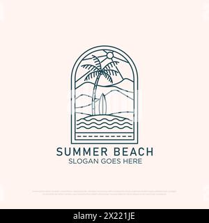 mountain Beach logo design with line art simple vector minimalist illustration template, summer logo designs Stock Vector