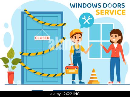 Windows and Doors Installation Service Vector Illustration with Worker for Home Repair and Renovation use Tools in Flat Kids Cartoon Background Design Stock Vector