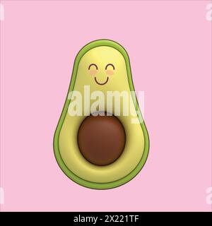 Happy Kawaii Avocado Half 3D Character with a smiling face Stock Vector