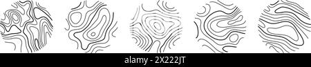 Circular wood rings or topographic map lines texture set. Wood tree topographic abstract lines collection Stock Vector