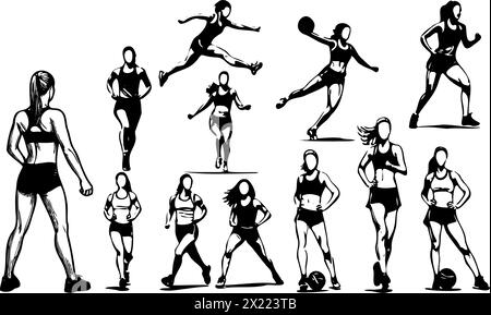 A series of silhouettes of women playing sports. Scene is energetic and active Stock Vector