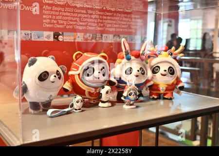 (240419) -- MILAN, April 19, 2024 (Xinhua) -- This photo taken on April 15, 2024 shows various editions of Bing Dwen Dwen, the mascots for the Beijing 2022 Olympic Winter Games, at the China and Design exhibition during Milan Design Week in Milan, Italy. The first edition of the China and Design exhibition is being held on April 15-21 in the street of Paolo Sarpi, one of Europe's biggest Chinatowns.TO GO WITH 'Roundup: Chinese designs gaining popularity in Milan' (China Design Centre in Milan/Handout via Xinhua) Stock Photo