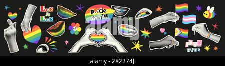 LGBTQ Pride month halftone collage elements set vector illustration Stock Vector