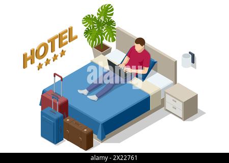 Isometric Modern Bedroom Suite in Hotel. Hotel Checking in and Having Rest in Their Rooms. Enjoy the Holiday and Vacation. Mobile Application, Hotel Stock Vector