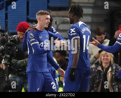 GOAL Cole Palmer of Chelsea goal celebration. - Chelsea v Everton, Premier League, Stamford Bridge Stadium, London, UK - 15th April 2024. Editorial Use Only - DataCo restrictions apply. Stock Photo