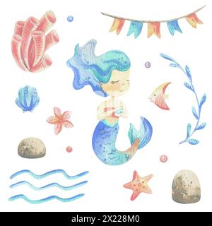 Mermaid is a little girl with fish, seashell, corals, algae, starfish. Watercolor illustration hand drawn with pastel colors turquoise, blue, coral Stock Photo