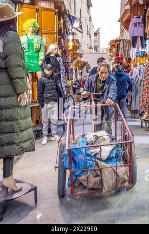 A man in a bustling market area pushes a cart filled with goods as part of the traditional non-motorized transport in the Medina of Fez, Morocco. Stock Photo