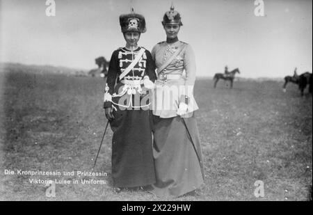 Princess Viktoria Luise and Crown Princess of Germany, between c1910 and c1915. Shows Crown Princess Cecilie Auguste Marie of Mecklenburg-Schwerin (1886-1954), wife of German Crown Prince William (left) wearing her Dragoon regiment uniform and Victoria Louise of Prussia (the Duchess of Brunswick) in the uniform of her personal Hussar Regiment. Stock Photo