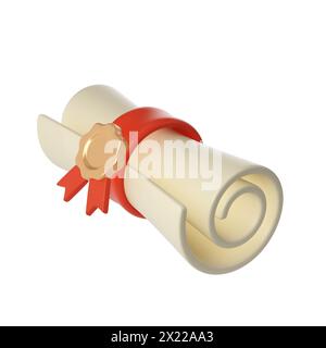 3d illustration of Degree Diploma or graduation scroll with red ribbon Icon. Render Education paper element for decoration poster, banner. Stock Photo