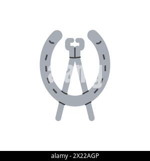 Horseshoe with tool. Ferrier worker. Equine health. Equestrian sports. Horse stables job. Vector illustration colored flat hand drawn isolated on Stock Vector