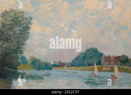 The Thames At Hampton Court, 1874. The view on a tranquil day, with sailboats and swans floating on the water. Stock Photo