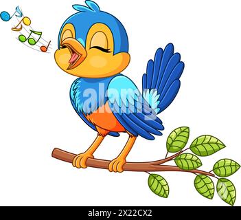 Cute bird singing on a tree branch on white background Stock Vector