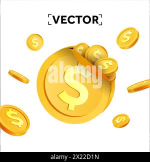 3d golden coins with dollar sign flying out, isolated on white background. Profitable investment, interest or cashback banner template. 3d Vector illustration. Vector illustration Stock Vector