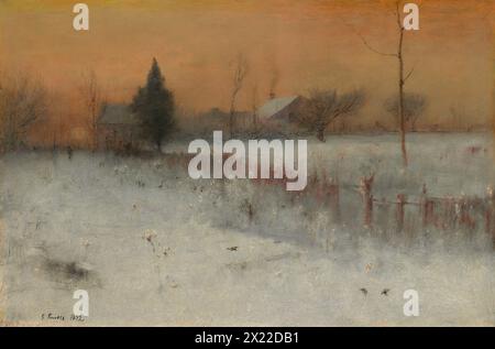 Home At Montclair, 1892. Inness's property in Montclair, New Jersey, was the subject of many of his late works. In this winter scene, he captured the stillness of twilight in layers of thinly applied paint, evoking an atmosphere rather than recording topographical details. Stock Photo