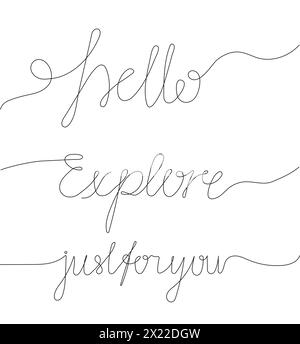Hello, explore, just for you text in continuous line style. One continuous line word invitation, Stock Vector