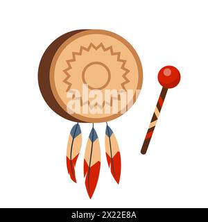 Tambourine of american indians, decorated with feathers Stock Vector