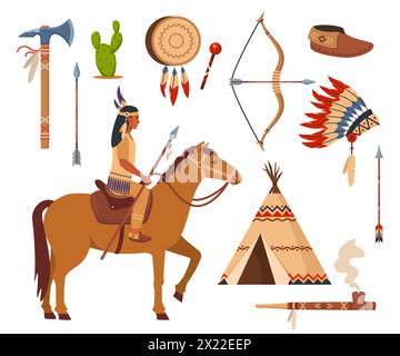 Native american indians and traditional clothes set, weapons and cultural symbols. bow, arrows, tambourine, wigwam, moccasins, tomahawk, peace pipe Stock Vector