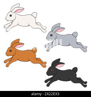 Set of colored illustrations with cute jumping bunny. Isolated vector objects on white background. Stock Vector