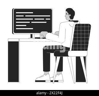 Indian man developing computer software black and white 2D line cartoon character Stock Vector