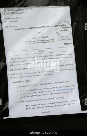 London, UK. 19 April, 2024. A possession order attached to The York and Albany pub, formerly a restaurant owned by celebrity chef Gordon Ramsay, after squatters recently occupied the building, which was vacant and up for sale. Camden Art Collective vacated the property earlier this week and it is unclear if other occupiers remain. Credit: Ron Fassbender/Alamy Live News Stock Photo