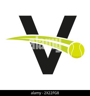 Tennis Logo On Letter V Concept With Moving Tennis Ball Symbol. Tennis Sign Stock Vector