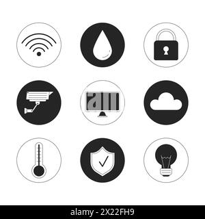 Smart devices at home black and white 2D line cartoon icons set Stock Vector