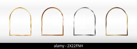 Gold, silver, bronze, copper arched frames for a picture or photo. 3d vector illustration on a white background. Stock Vector