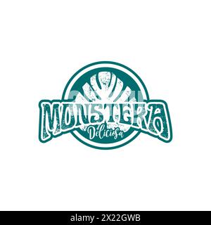 Monstera Leaf Grunge Logo Design, Monstera Grunge Background, Monstera Icon Stock Vector