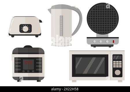 Slow cooker, electric kettle, toaster, microwave, waffle iron set in vector design. Graphic illustration of kitchen equipment in grey colors isolated on white background. Stock Vector