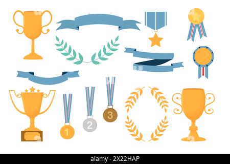 Set of champion trophy golden cups, medals, banner ribbons, honor decorations and elements isolated on white background. Vector illustration Stock Vector