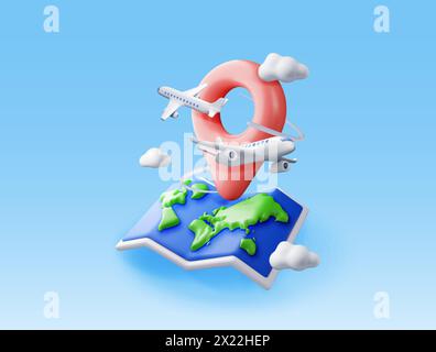 3D airplane in clouds and paper map Stock Vector
