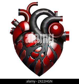 A vector detailed illustration of red and black mechanical heart with gears, pipes, on white background Stock Vector