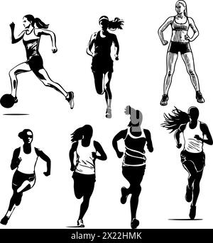 A series of silhouettes of women running. The women are in various positions, some are running, some are jumping, and one is holding a soccer ball. Co Stock Vector