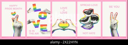 LGBTQ Pride month halftone collage banners set vector illustration Stock Vector