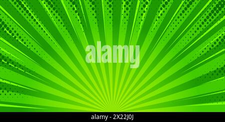 Starburst cartoon comic background. Pop art pattern with radial rays effect. Vector sun light green wallpaper with halftone. Abstract anime explosion Stock Vector