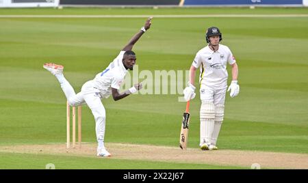 Hove UK 19th April 2024 -  Jayden Seales bowling for Sussex against Gloucestershire during the Vitality County Championship League Two cricket match at the 1st Central County Ground in Hove : Credit Simon Dack /TPI/ Alamy Live News Stock Photo