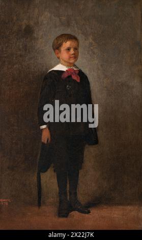 Charles Prentice Howland, 1878. 9-year-old Charles Howland dressed for school, standing stiffly and perhaps impatiently as he poses for the artist. In his right hand is a tasseled hat and on his shoulder hangs a book bag.   The son of Henry Howland, a distinguished Judge, Charles Prentice Howland had a passion for law and he grew up to become a lawyer. Sadly at the height of his career in 1932, he was hit and tragically killed by a car on his way from Yale football game. Stock Photo