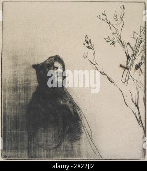 A monk praying, St. Francis, c.1877. The isolated figure of an austere monk - who the title indicates is Haden's image of St Francis of Assisi - looking  up towards a tree with a crucifix; his right hand rests open on his chest, in devotion. Stock Photo