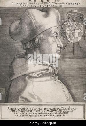 Cardinal Albrecht of Brandenburg (The large cardinal), 1523. Cardinal Albrecht (Albert) of Brandenburg (1490-1545) was Elector and Archbishop of Mainz  from 1514 to 1545, and Archishop of Magdeburg from 1513 to 1545. His sale of indulgences (Church pardons for sins)  to repay loans to the Fugger banking family, and to sustain his lavish lifestyle, infuriated Martin Luther and provoked him to write his 95 Theses which led to the Reformation. Stock Photo
