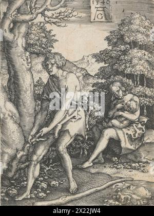 Adam and Eve at work. From: The story of Adam and Eve, 1540. Based on Genesis 3:17-19, it depicts a scene after the expulsion from Paradise. Adam, in the foreground at left, pulls up roots, while Eve nurses a child. Both figures are clothed and set in a wild  landscape. Stock Photo